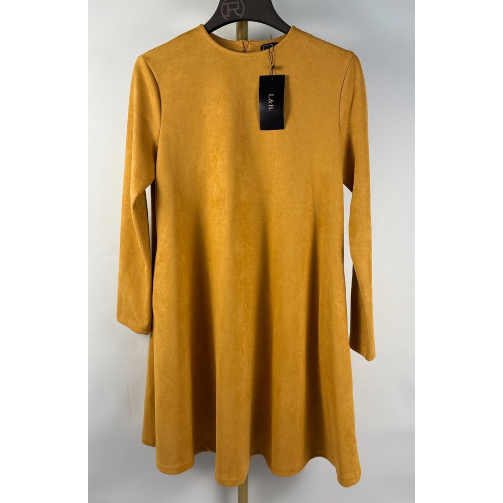 L&B Lucky & Blessed Faux Suede‎ Dress Small Mustard Gold A-Line Long Sleeve NWT